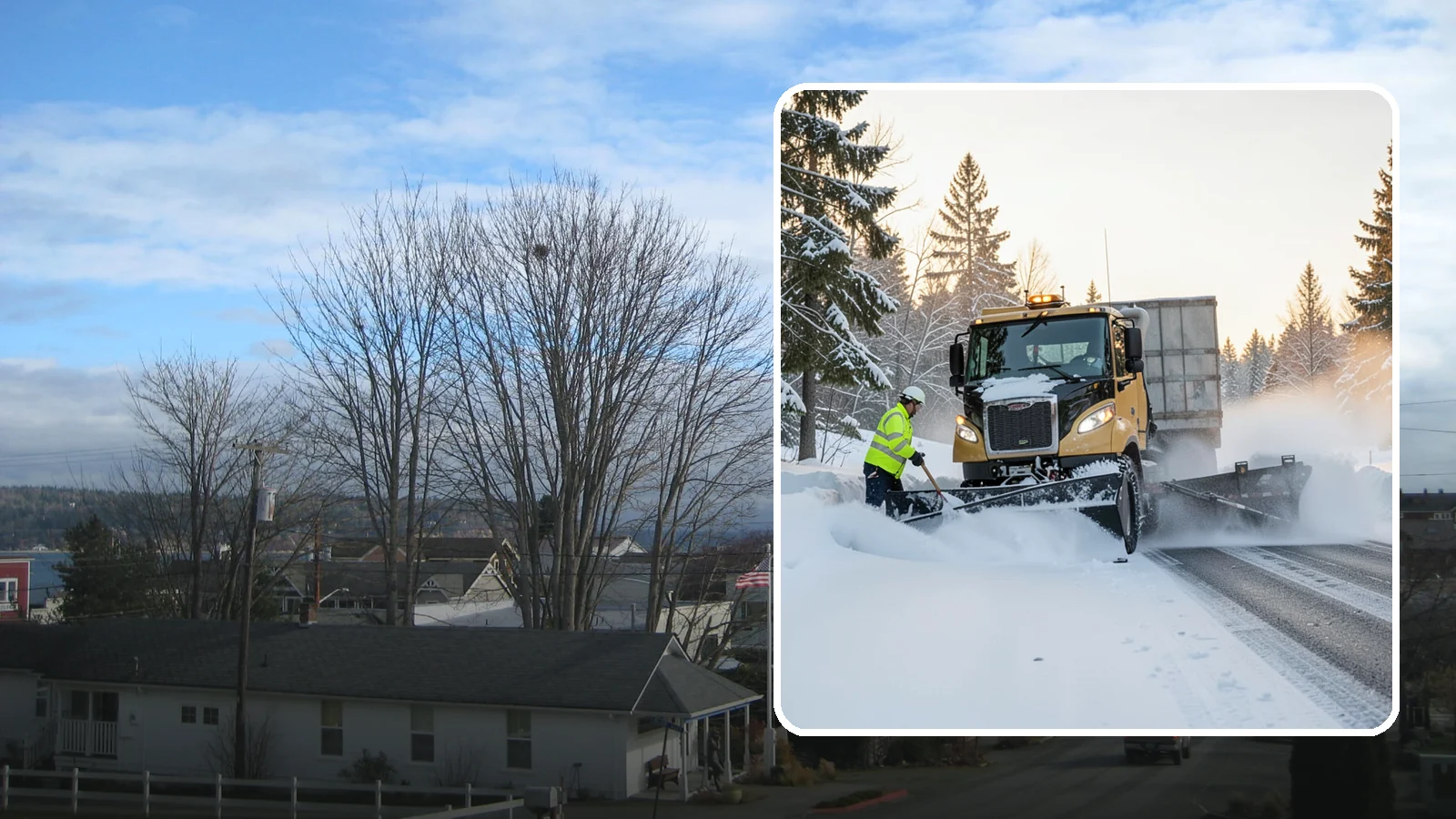 Powder Snow Removal in Langley, Island County, WA - On the rare cold, dry spells that bring true powder to the lowlands, we clear it fast before winds redrift it.