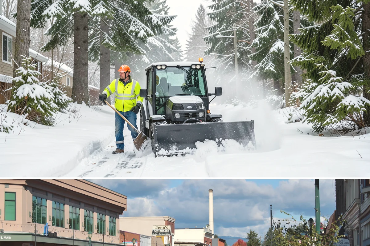 Property Management Sidewalk Clearing in Monroe, Snohomish County, WA - Property management demand spans late November through February, when portfolio-wide freeze-thaw keeps every managed walk in play.