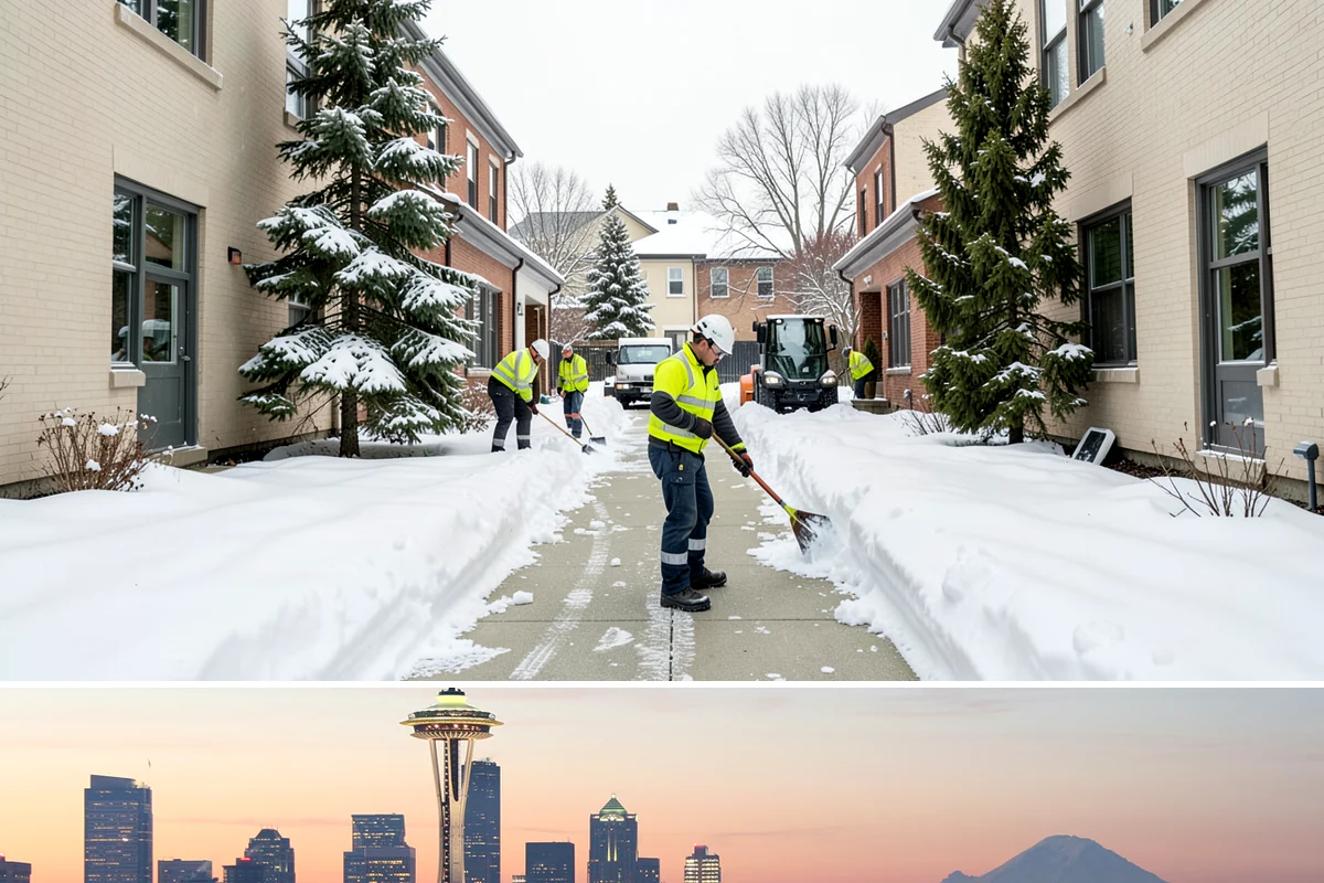 Property Management Sidewalk Clearing in Seattle, King County, WA - Property management demand spans late November through February, when portfolio-wide freeze-thaw keeps every managed walk in play.