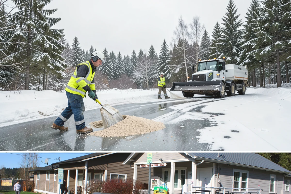 Property Management Sidewalk Clearing in South Prairie, Pierce County, WA - Property management demand spans late November through February, when portfolio-wide freeze-thaw keeps every managed walk in play.
