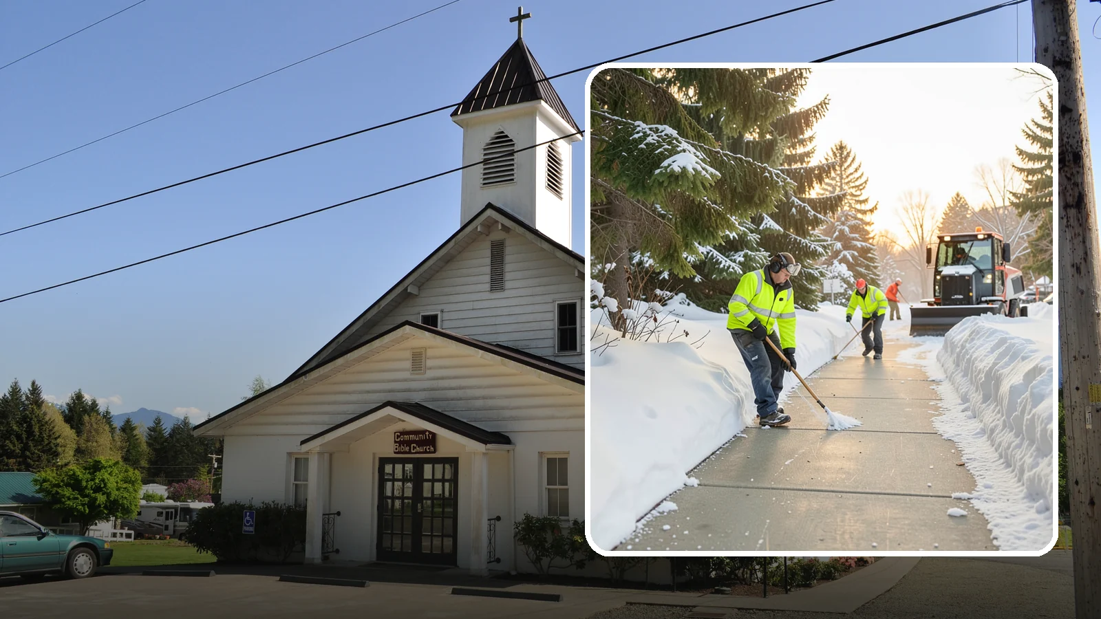 Public Sidewalk Clearing in Concrete, Skagit County, WA - We keep the public sidewalks fronting your property clear to meet local ordinances and protect pedestrians.