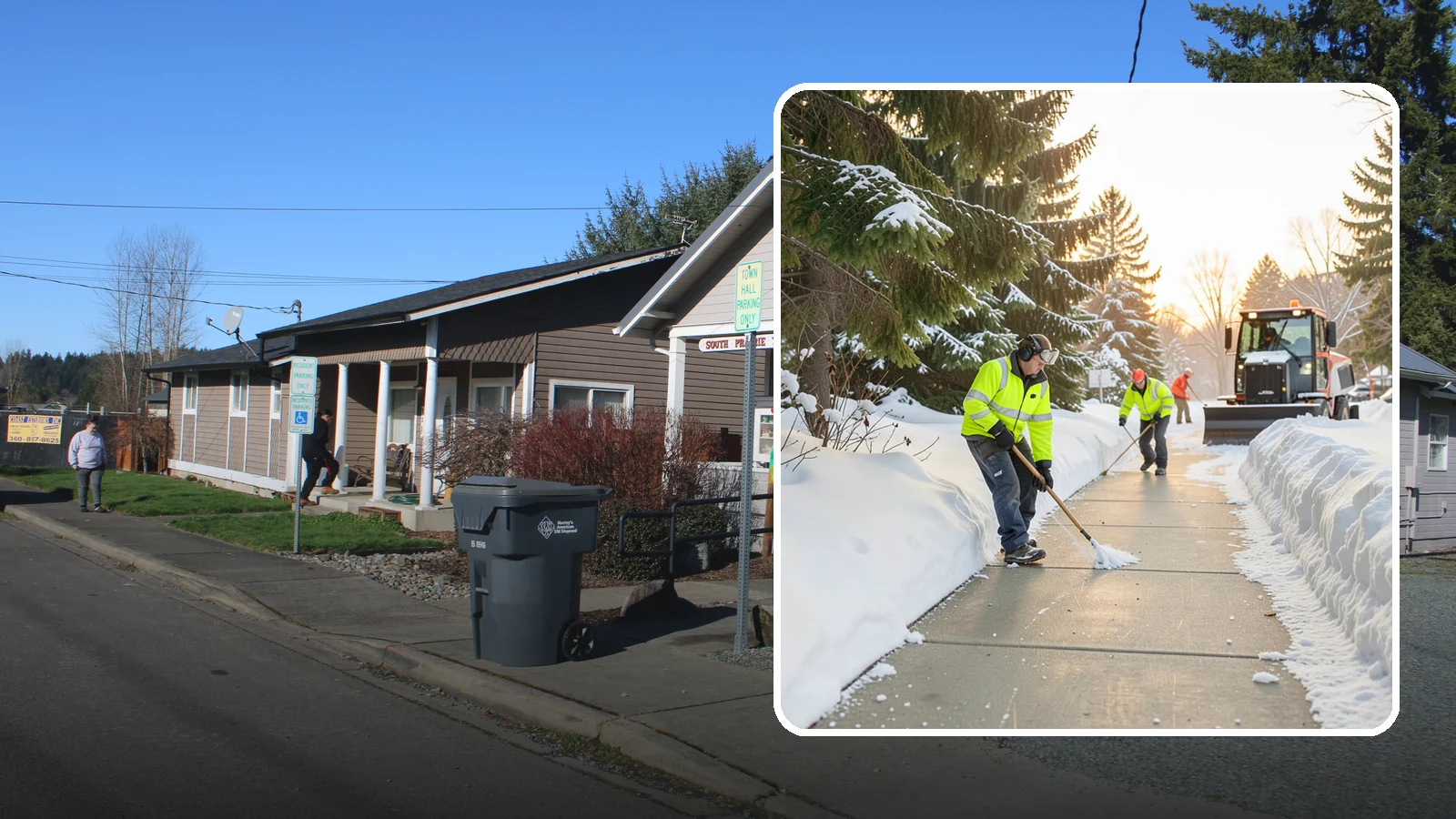 Public Sidewalk Clearing in South Prairie, Pierce County, WA - We keep the public sidewalks fronting your property clear to meet local ordinances and protect pedestrians.