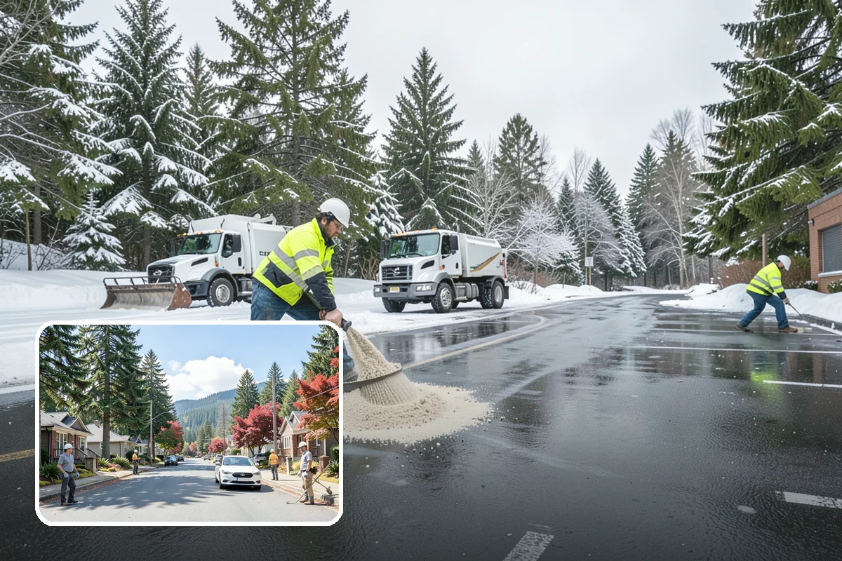REO Property Snow Removal in Hunts Point, King County, WA - Meets lender and preservation-company clearing requirements