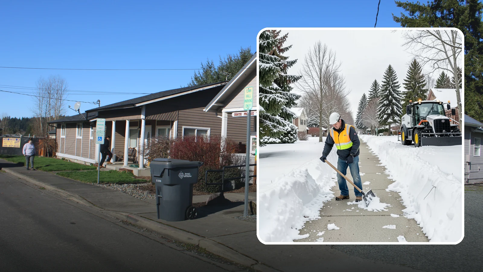 Residential Sidewalk Clearing in South Prairie, Pierce County, WA - A homeowner-focused service that shovels and treats the public sidewalk and front walk of Western Washington houses so your...