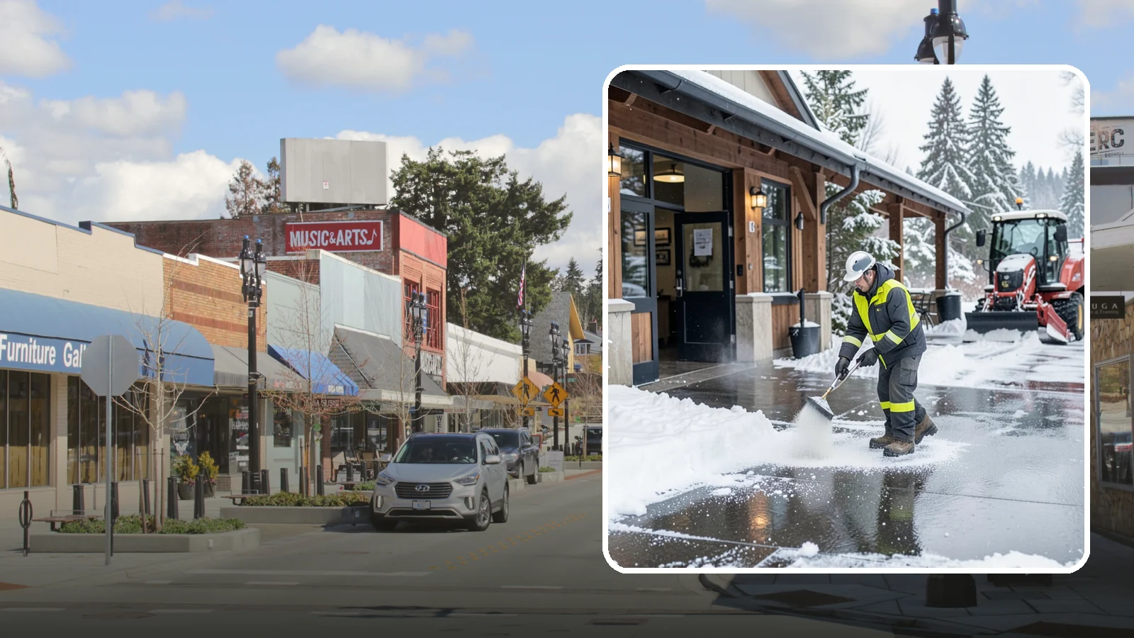 Restaurant Deicing in Bothell, King County, WA - Deicing for restaurants that keeps entrances, patios, and parking approaches safe for diners and staff during a Western...