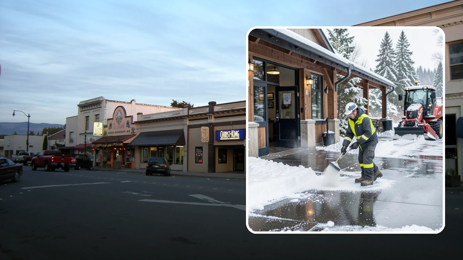 Restaurant Deicing in Burlington, Skagit County, WA - Deicing for restaurants that keeps entrances, patios, and parking approaches safe for diners and staff during a Western...