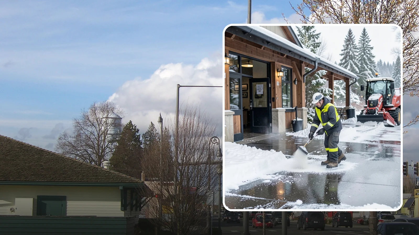Restaurant Deicing in Marysville, Snohomish County, WA - Deicing for restaurants that keeps entrances, patios, and parking approaches safe for diners and staff during a Western...