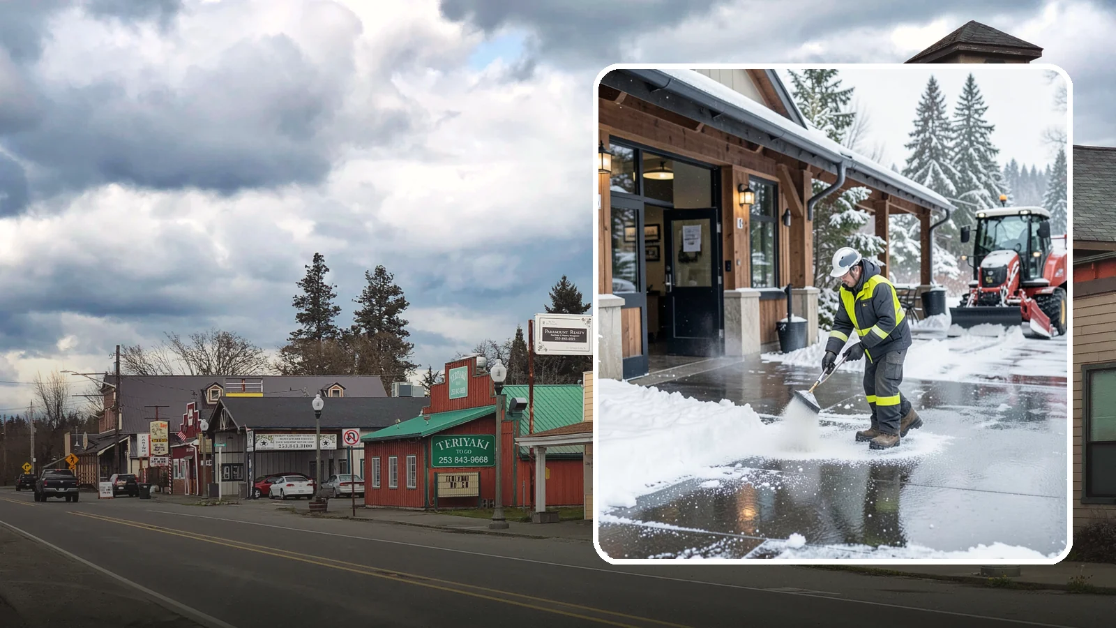 Restaurant Deicing in Roy, Pierce County, WA - Deicing for restaurants that keeps entrances, patios, and parking approaches safe for diners and staff during a Western...