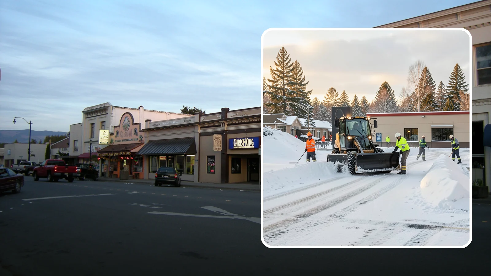 Restaurant Parking Lot Snow Removal in Burlington, Skagit County, WA - We clear restaurant lots ahead of service so Western Washington diners can park and walk in safely during winter.