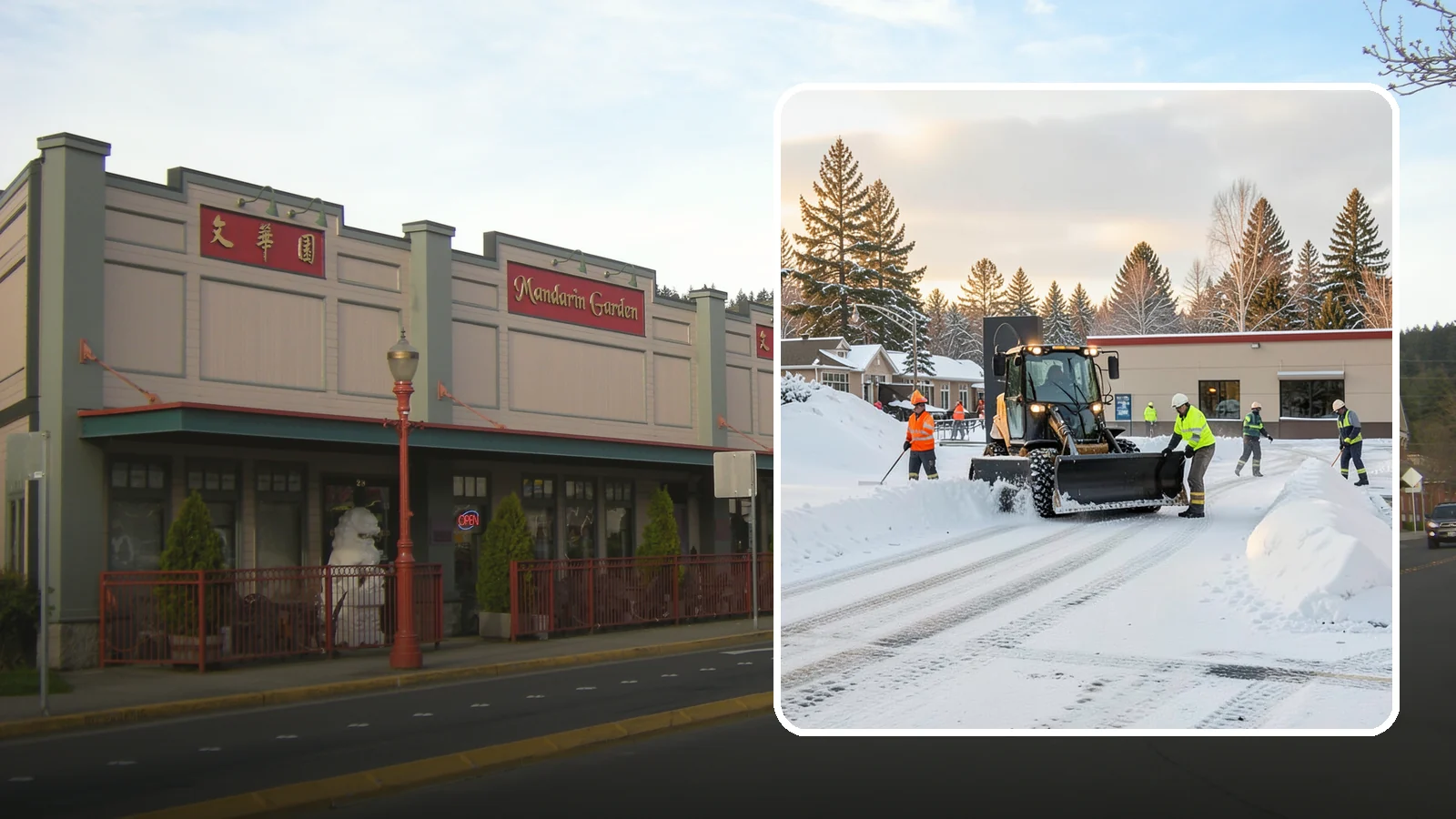 Restaurant Parking Lot Snow Removal in Issaquah, King County, WA - We clear restaurant lots ahead of service so Western Washington diners can park and walk in safely during winter.