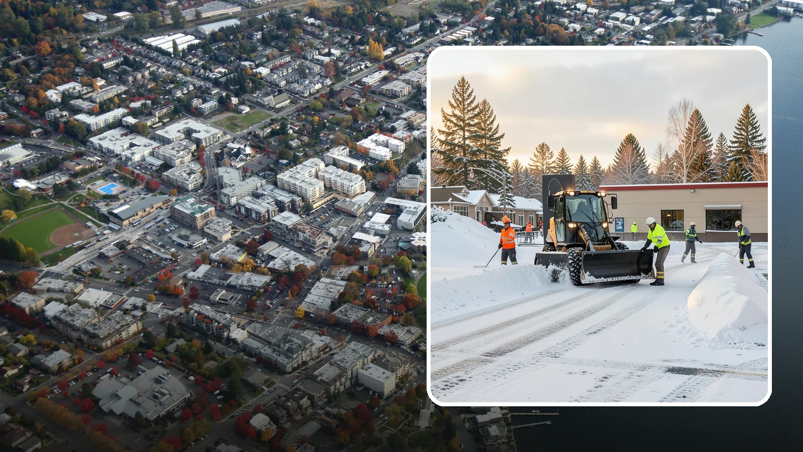 Restaurant Parking Lot Snow Removal in Kirkland, King County, WA - We clear restaurant lots ahead of service so Western Washington diners can park and walk in safely during winter.
