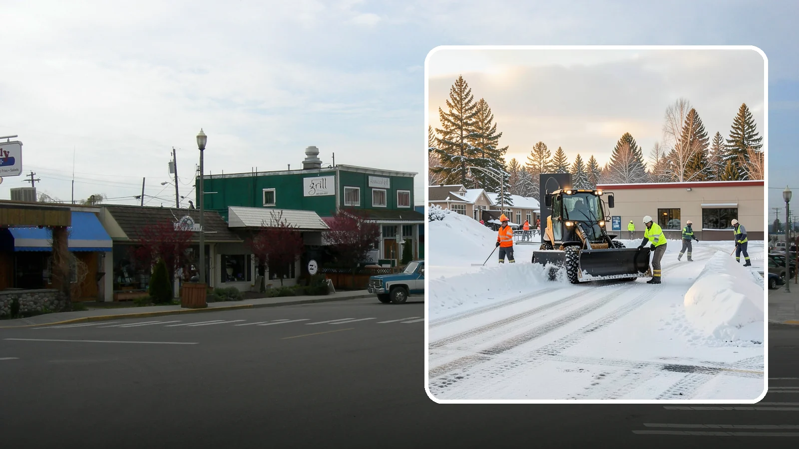 Restaurant Parking Lot Snow Removal in Stanwood, Snohomish County, WA - We clear restaurant lots ahead of service so Western Washington diners can park and walk in safely during winter.
