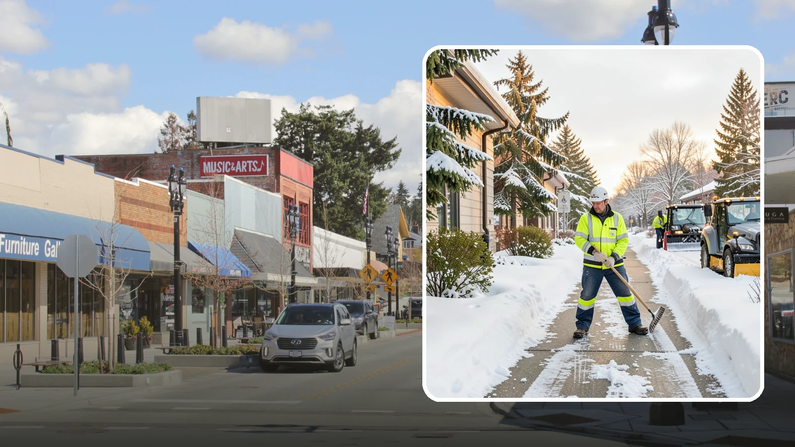 Restaurant Sidewalk Clearing in Bothell, King County, WA - Patron-entrance sidewalk clearing for Western Washington restaurants, keeping entry walks and waiting areas safe through lunch...