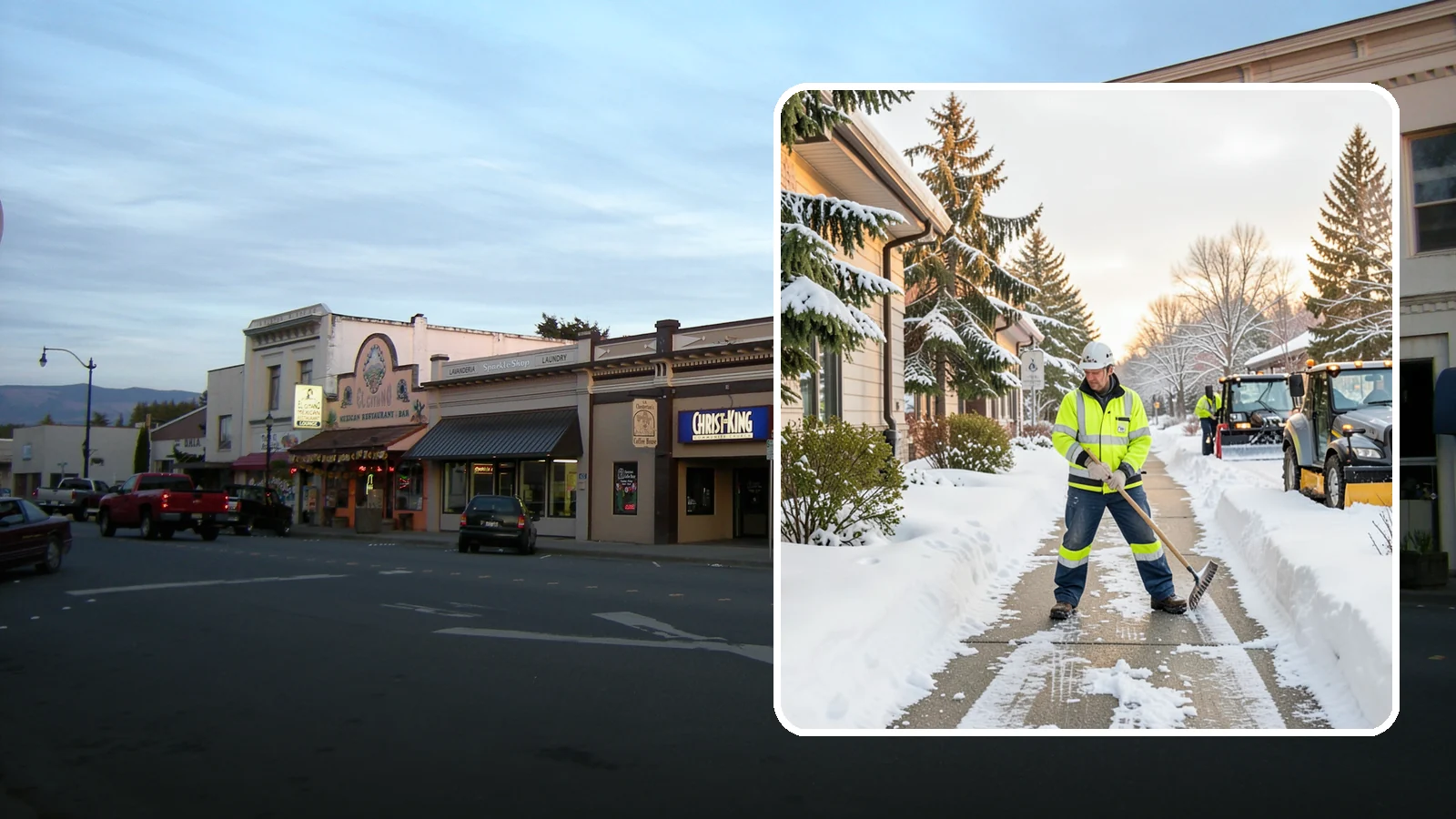 Restaurant Sidewalk Clearing in Burlington, Skagit County, WA - Patron-entrance sidewalk clearing for Western Washington restaurants, keeping entry walks and waiting areas safe through lunch...