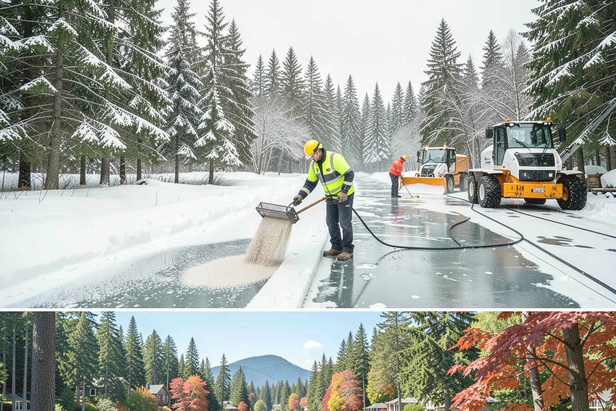 Restaurant Sidewalk Clearing in Covington, King County, WA - Restaurant sidewalk risk peaks from late November through February during evening service, when afternoon melt refreezes at the...