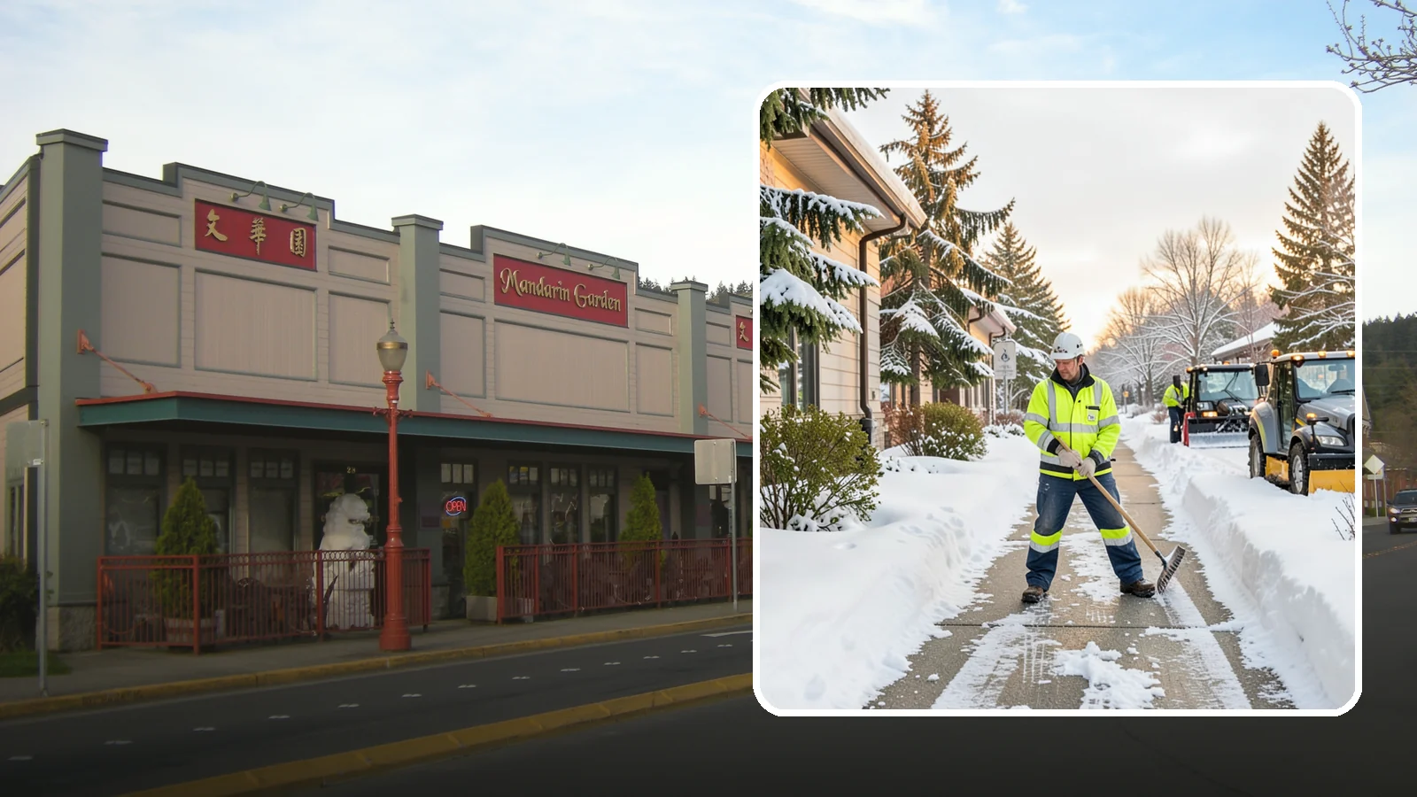 Restaurant Sidewalk Clearing in Issaquah, King County, WA - Patron-entrance sidewalk clearing for Western Washington restaurants, keeping entry walks and waiting areas safe through lunch...