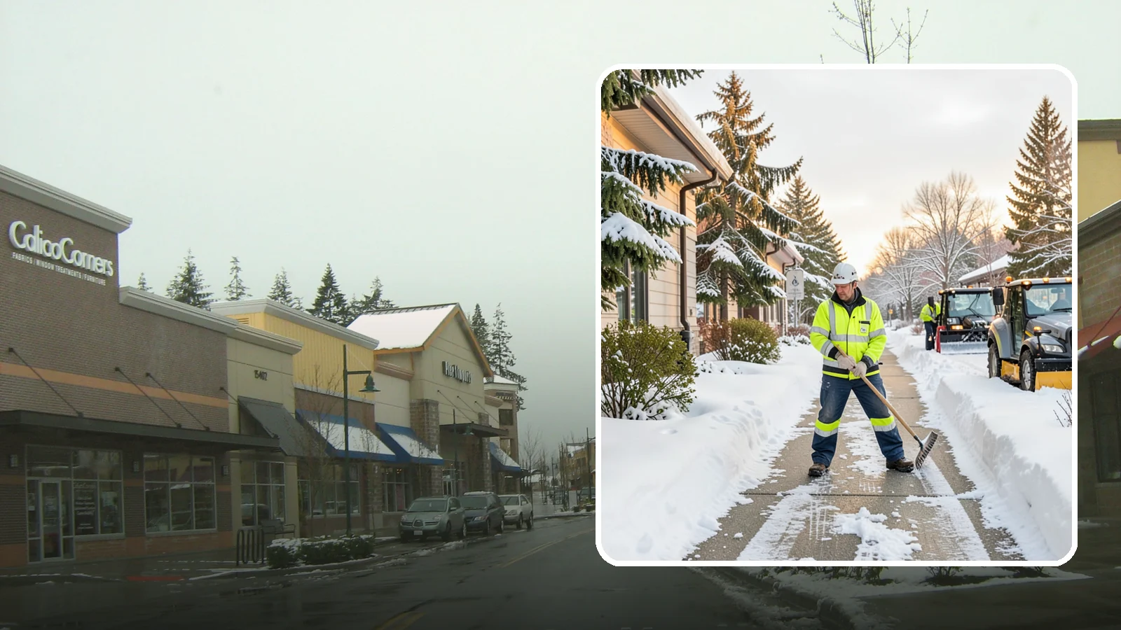 Restaurant Sidewalk Clearing in Mill Creek, Snohomish County, WA - Patron-entrance sidewalk clearing for Western Washington restaurants, keeping entry walks and waiting areas safe through lunch...