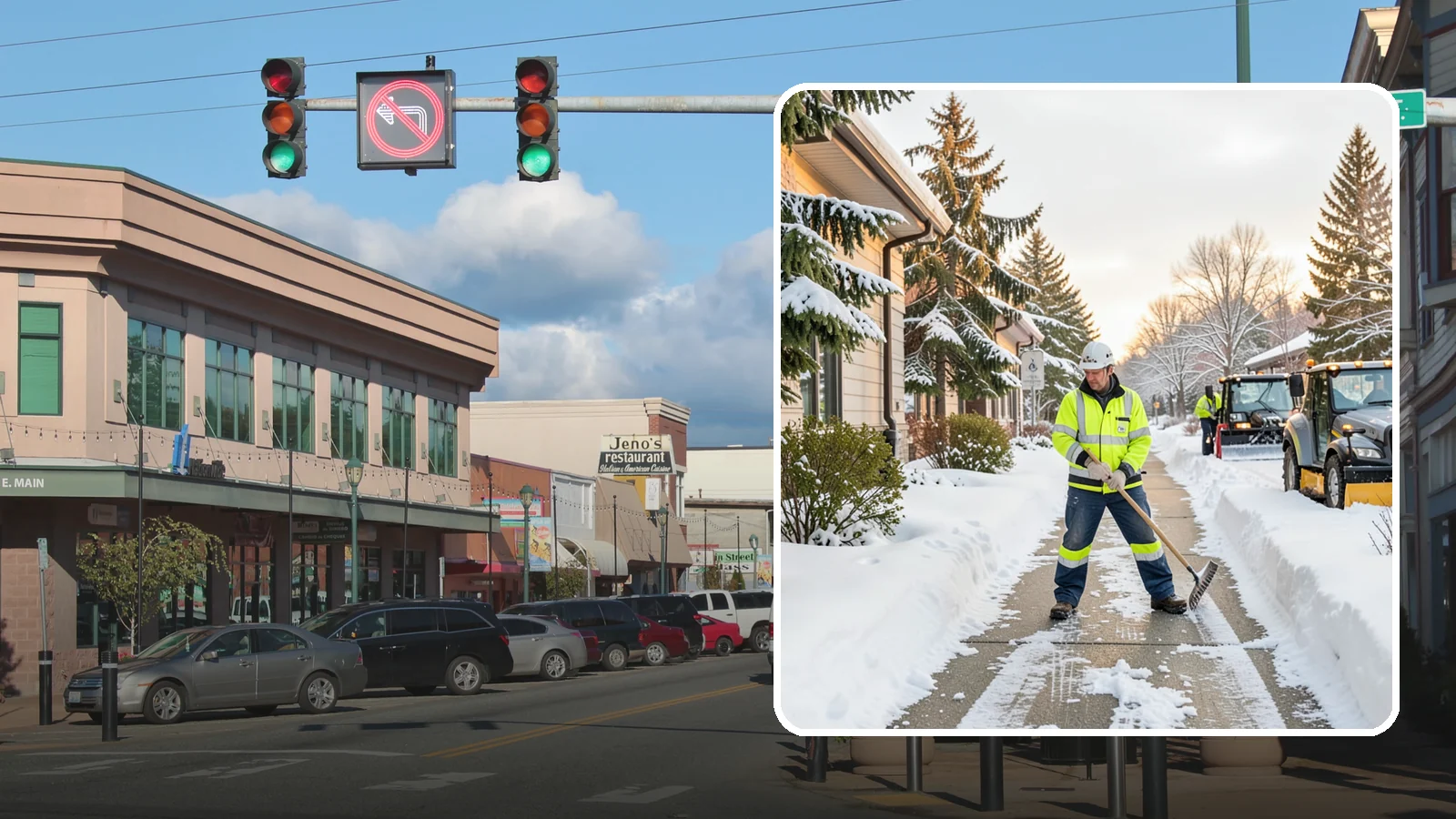 Restaurant Sidewalk Clearing in Monroe, Snohomish County, WA - Patron-entrance sidewalk clearing for Western Washington restaurants, keeping entry walks and waiting areas safe through lunch...