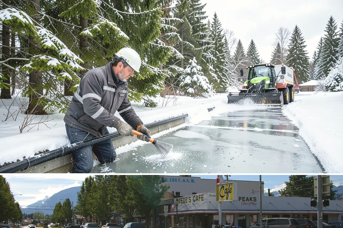 Restaurant Sidewalk Clearing in North Bend, King County, WA - Restaurant sidewalk risk peaks from late November through February during evening service, when afternoon melt refreezes at the...