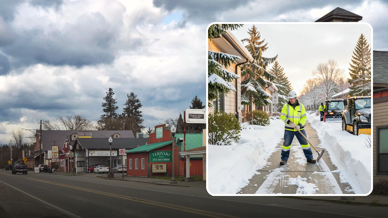 Restaurant Sidewalk Clearing in Roy, Pierce County, WA - Patron-entrance sidewalk clearing for Western Washington restaurants, keeping entry walks and waiting areas safe through lunch...