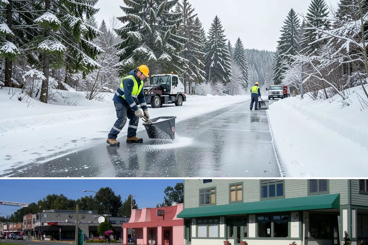 Restaurant Sidewalk Clearing in Snoqualmie, King County, WA - Restaurant sidewalk risk peaks from late November through February during evening service, when afternoon melt refreezes at the...