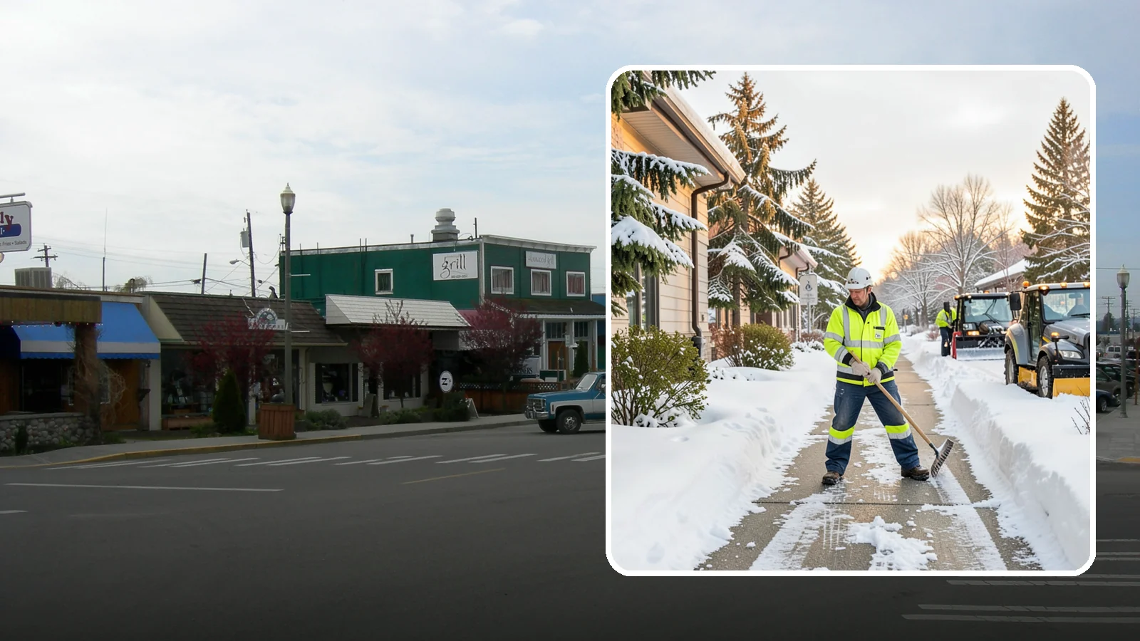 Restaurant Sidewalk Clearing in Stanwood, Snohomish County, WA - Patron-entrance sidewalk clearing for Western Washington restaurants, keeping entry walks and waiting areas safe through lunch...