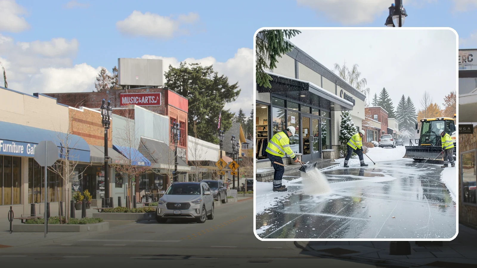 Retail Store Deicing in Bothell, King County, WA - Storefront-focused deicing that keeps entrances, cart corrals, and customer walkways safe and inviting when freezing rain hits a...