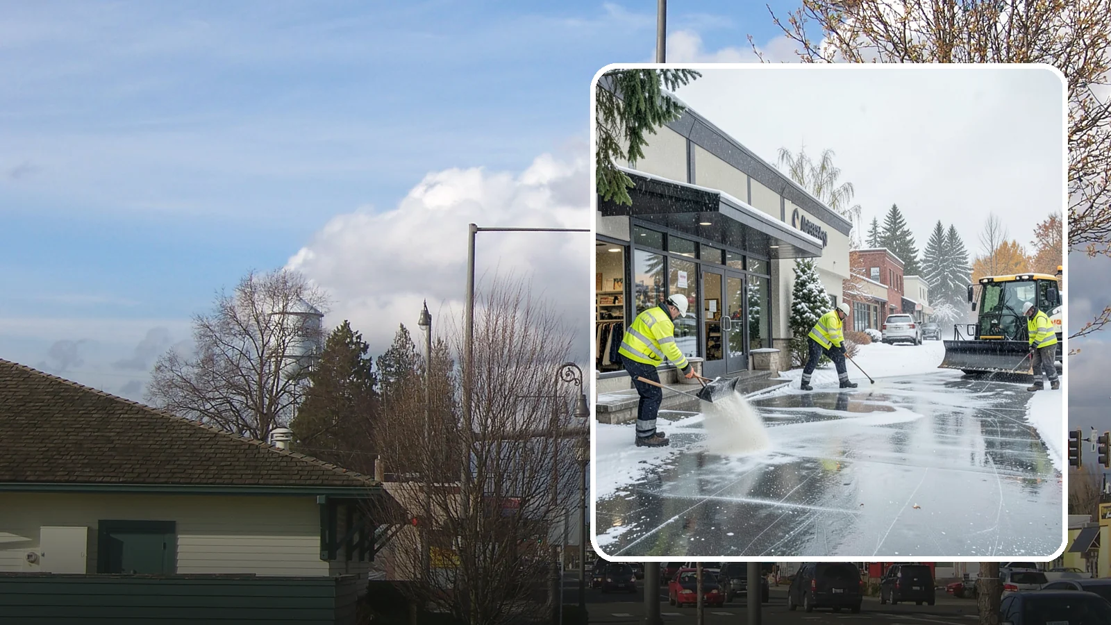 Retail Store Deicing in Marysville, Snohomish County, WA - Storefront-focused deicing that keeps entrances, cart corrals, and customer walkways safe and inviting when freezing rain hits a...