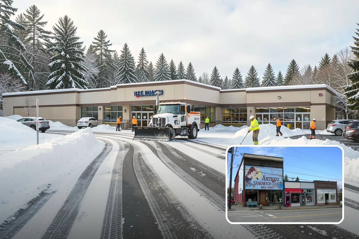 Retail Store Parking Lot Snow Removal in Ruston, Pierce County, WA - Customers can park and reach the entrance without wading through slush