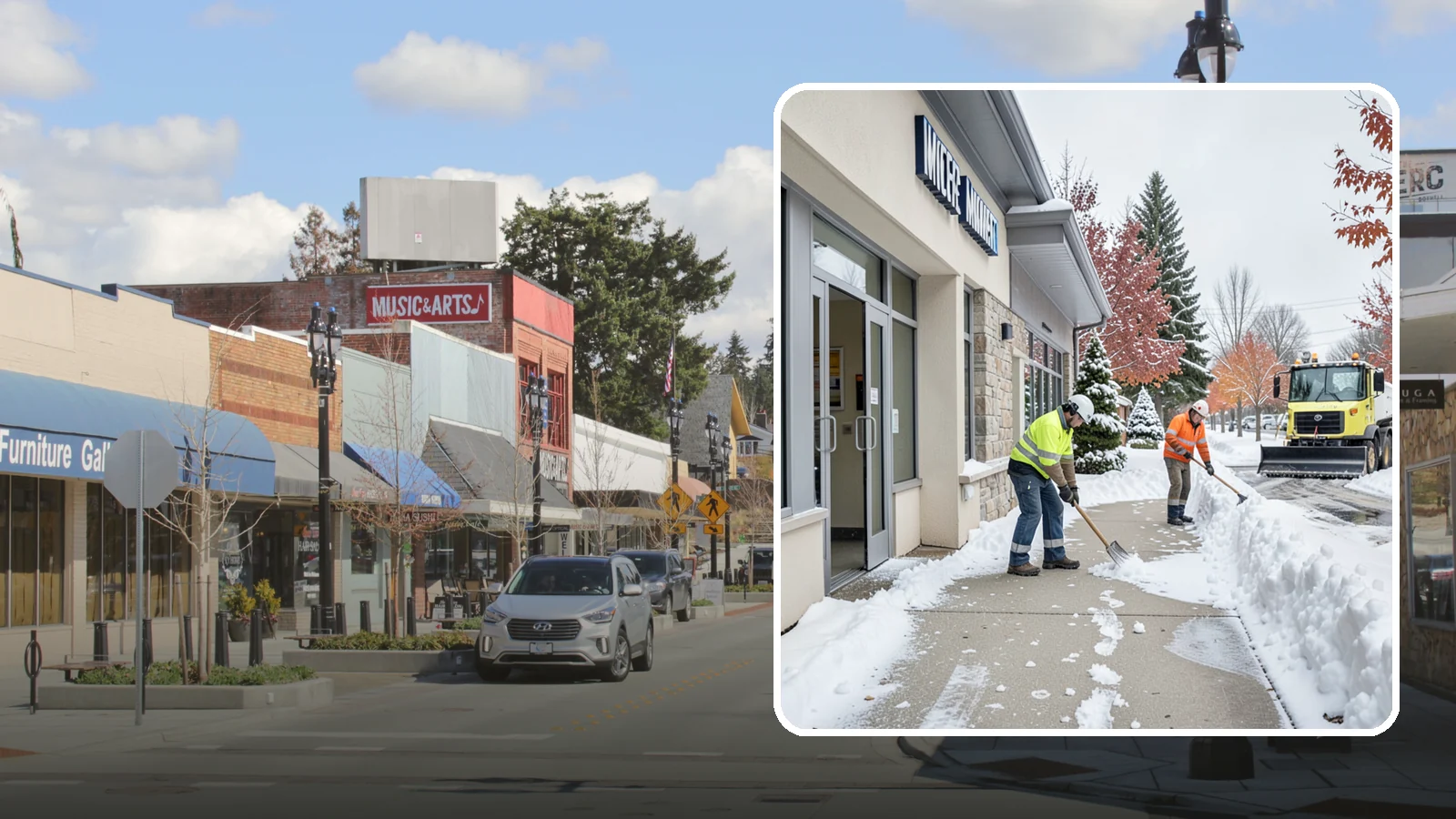 Retail Store Sidewalk Clearing in Bothell, King County, WA - Storefront and entrance sidewalk clearing for Western Washington retailers that keeps customers safe and your doors open through...