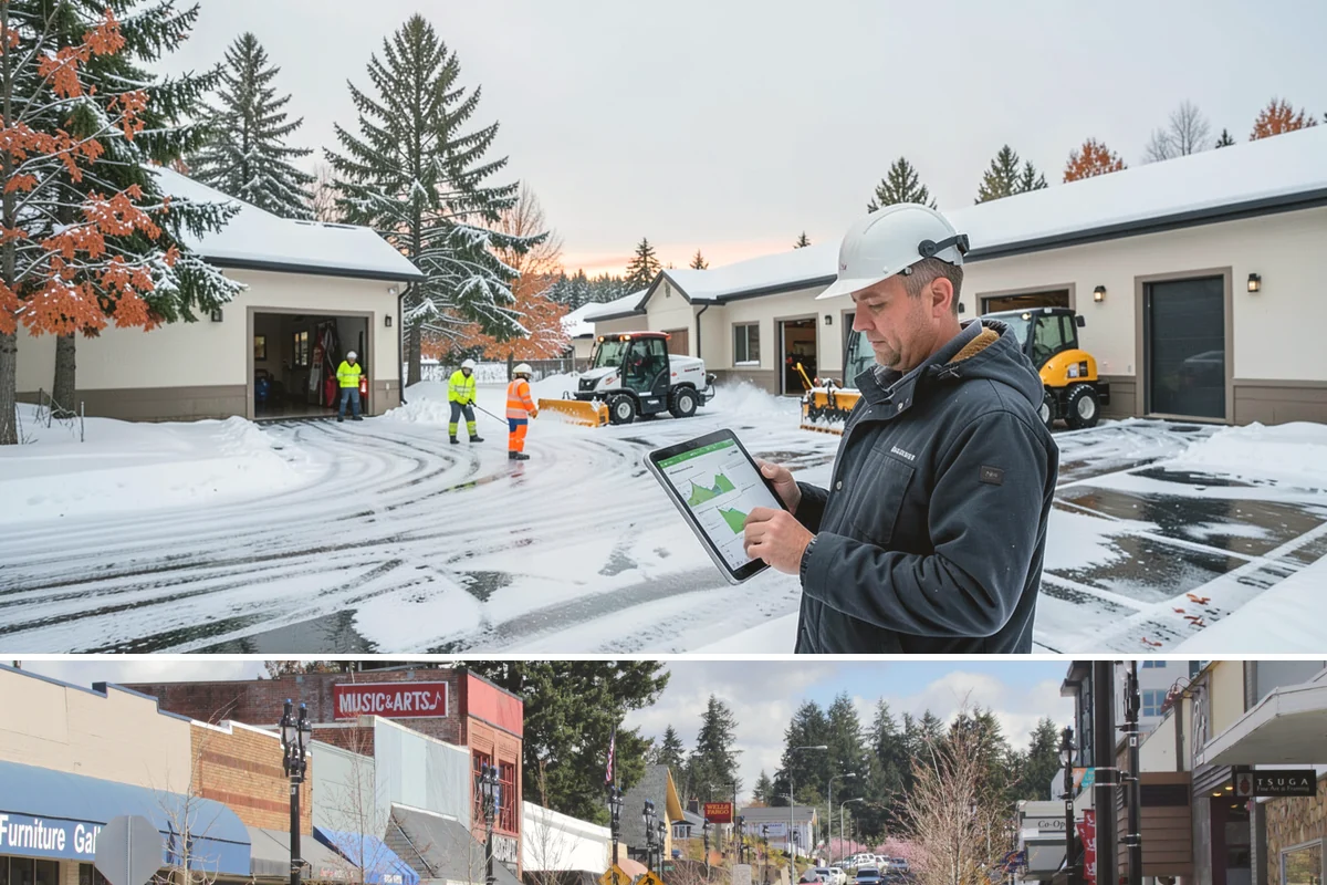 Retail Store Sidewalk Clearing in Bothell, King County, WA - Retail sidewalk risk is highest from late November through February, especially during daytime thaw-refreeze that rebuilds ice at...