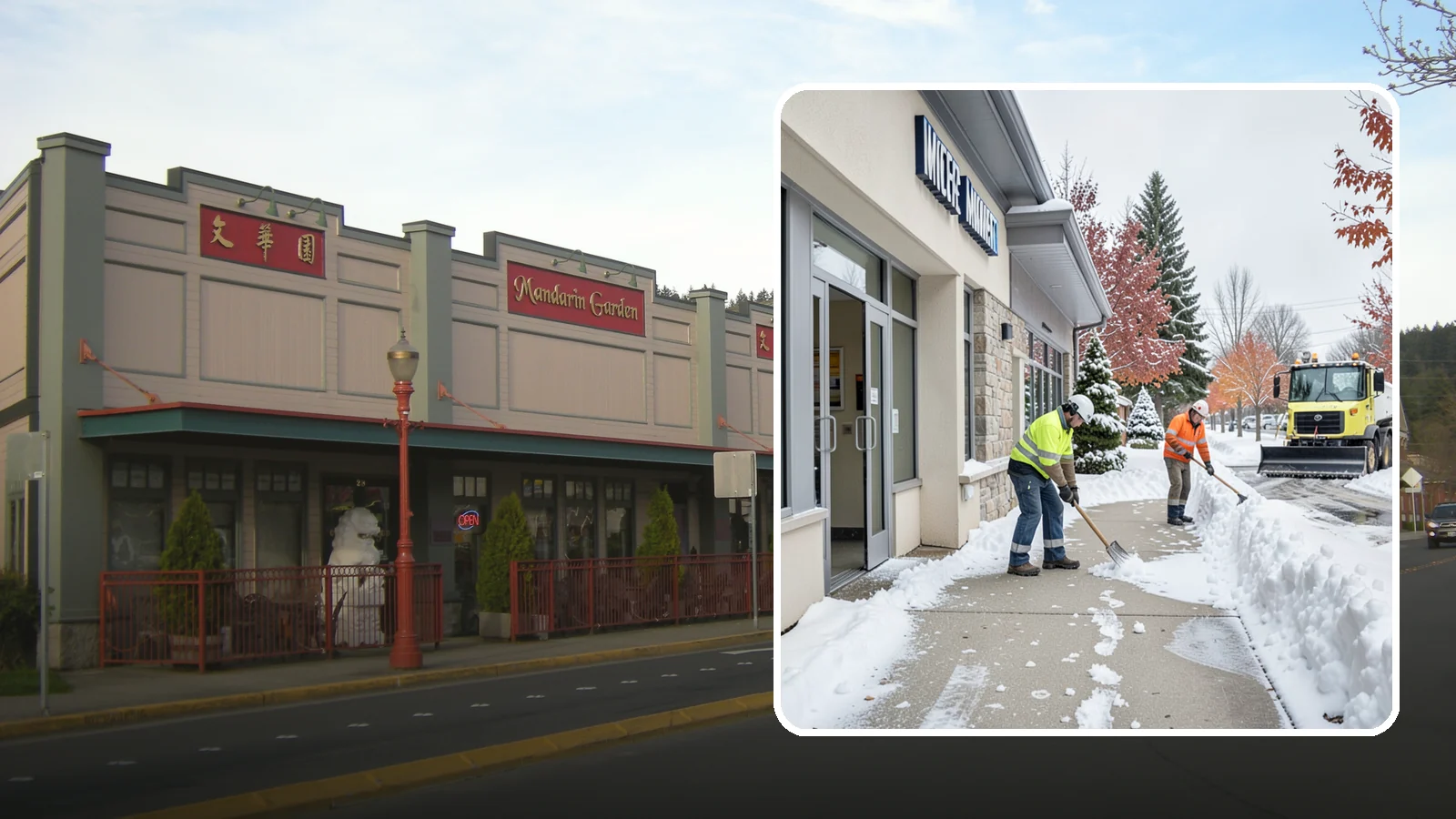 Retail Store Sidewalk Clearing in Issaquah, King County, WA - Storefront and entrance sidewalk clearing for Western Washington retailers that keeps customers safe and your doors open through...