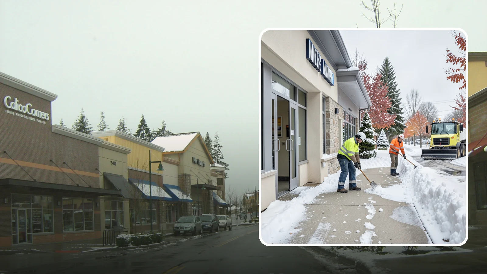 Retail Store Sidewalk Clearing in Mill Creek, Snohomish County, WA - Storefront and entrance sidewalk clearing for Western Washington retailers that keeps customers safe and your doors open through...