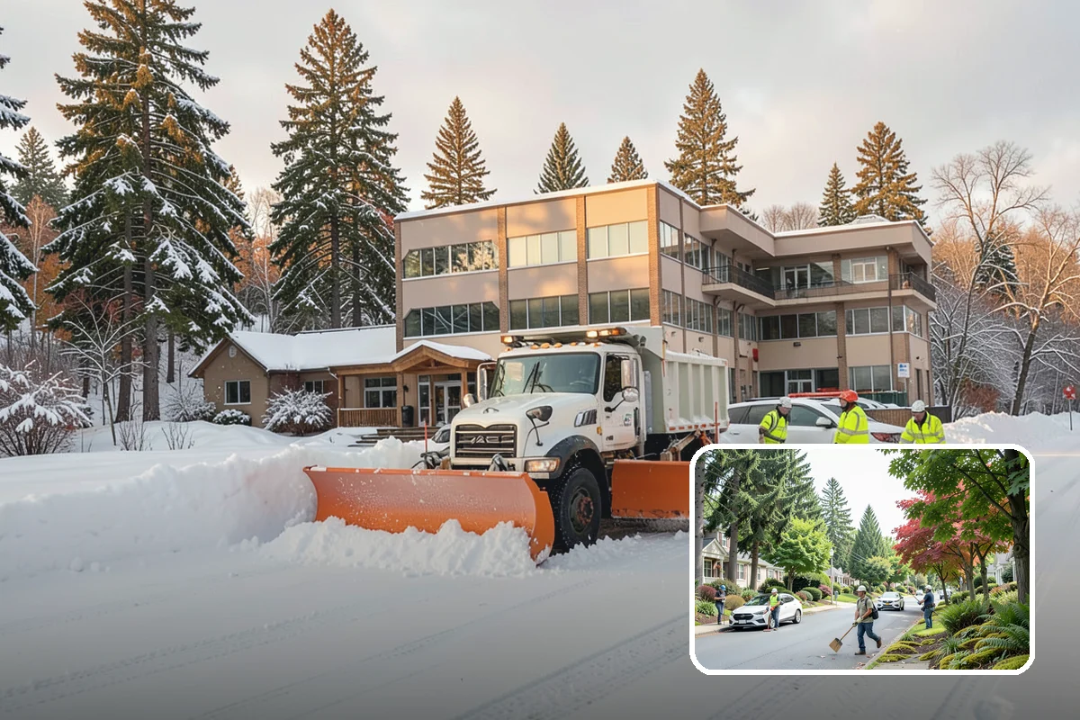 Retail Store Snow Plowing in Beaux Arts Village, King County, WA - Customer lot and storefront cleared before your posted open