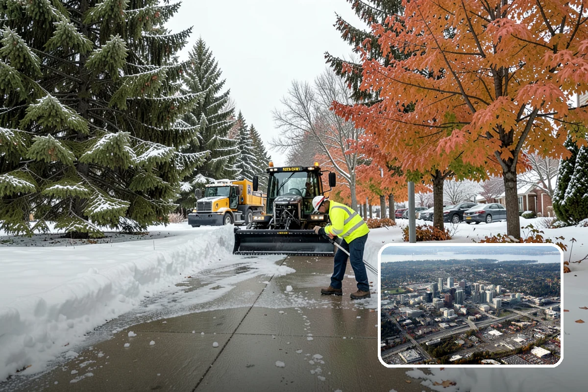 Retail Store Snow Plowing in Bellevue, King County, WA - Customer lot and storefront cleared before your posted open