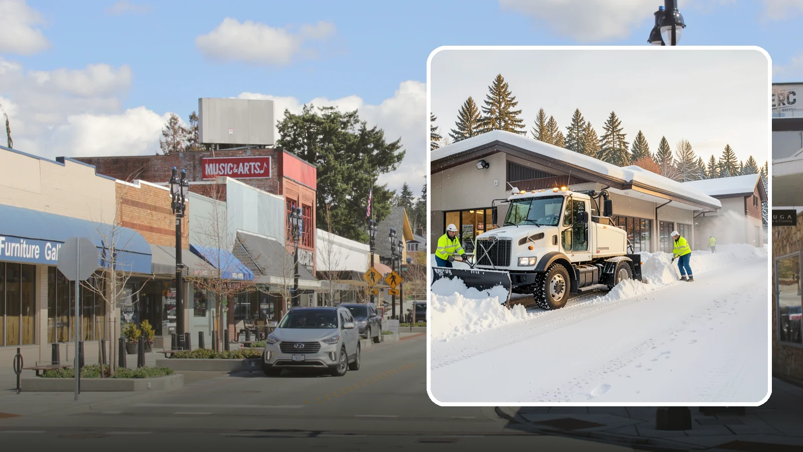 Retail Store Snow Plowing in Bothell, King County, WA - We plow retail storefronts and customer lots before open so shoppers reach your doors on safe, clear pavement.