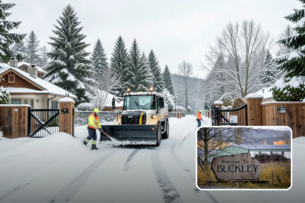 Retail Store Snow Plowing in Buckley, Pierce County, WA - Customer lot and storefront cleared before your posted open