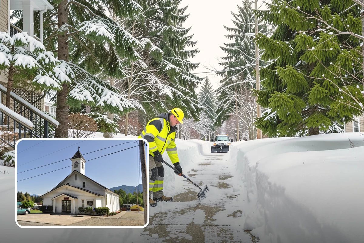 Retail Store Snow Plowing in Concrete, Skagit County, WA - Customer lot and storefront cleared before your posted open