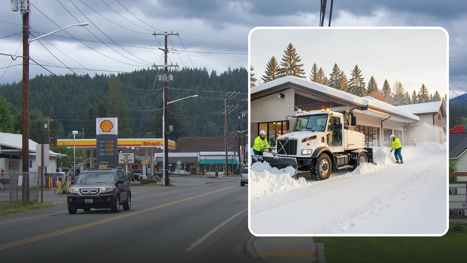 Retail Store Snow Plowing in Granite Falls, Snohomish County, WA - We plow retail storefronts and customer lots before open so shoppers reach your doors on safe, clear pavement.