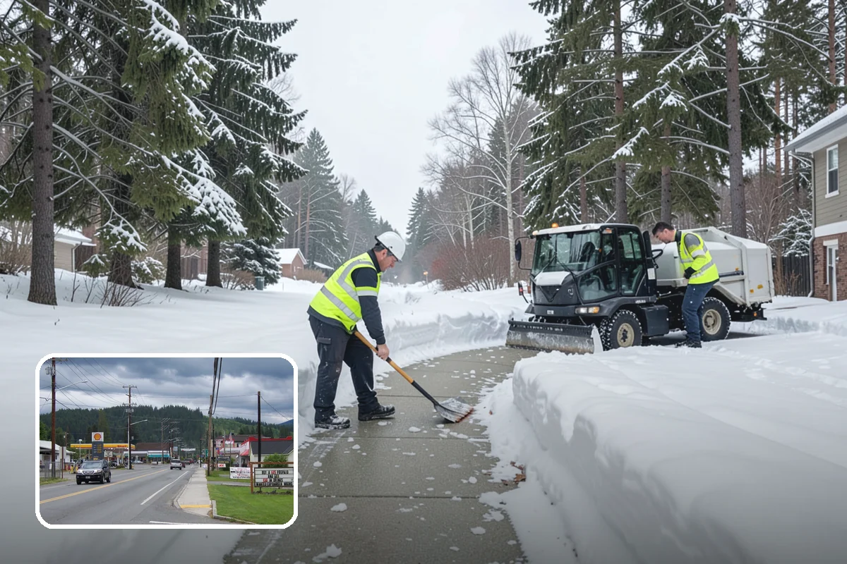 Retail Store Snow Plowing in Granite Falls, Snohomish County, WA - Customer lot and storefront cleared before your posted open