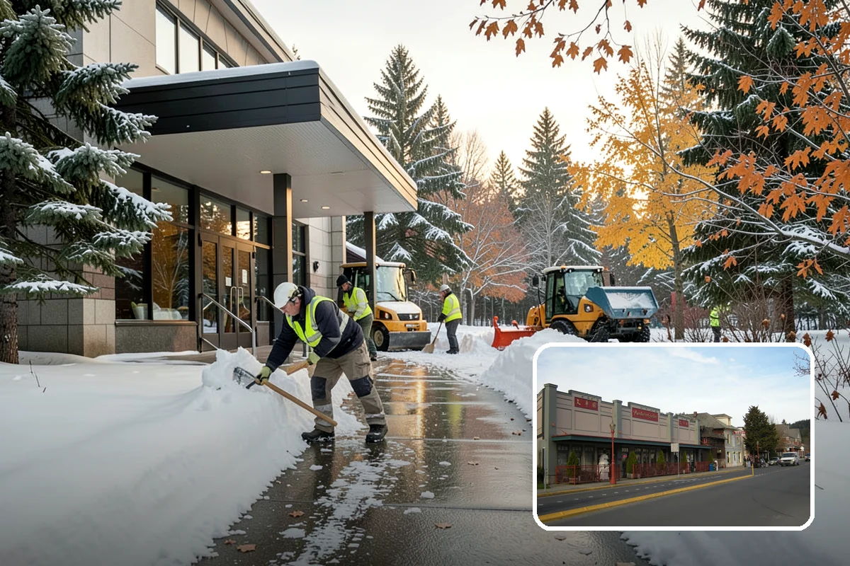 Retail Store Snow Plowing in Issaquah, King County, WA - Customer lot and storefront cleared before your posted open