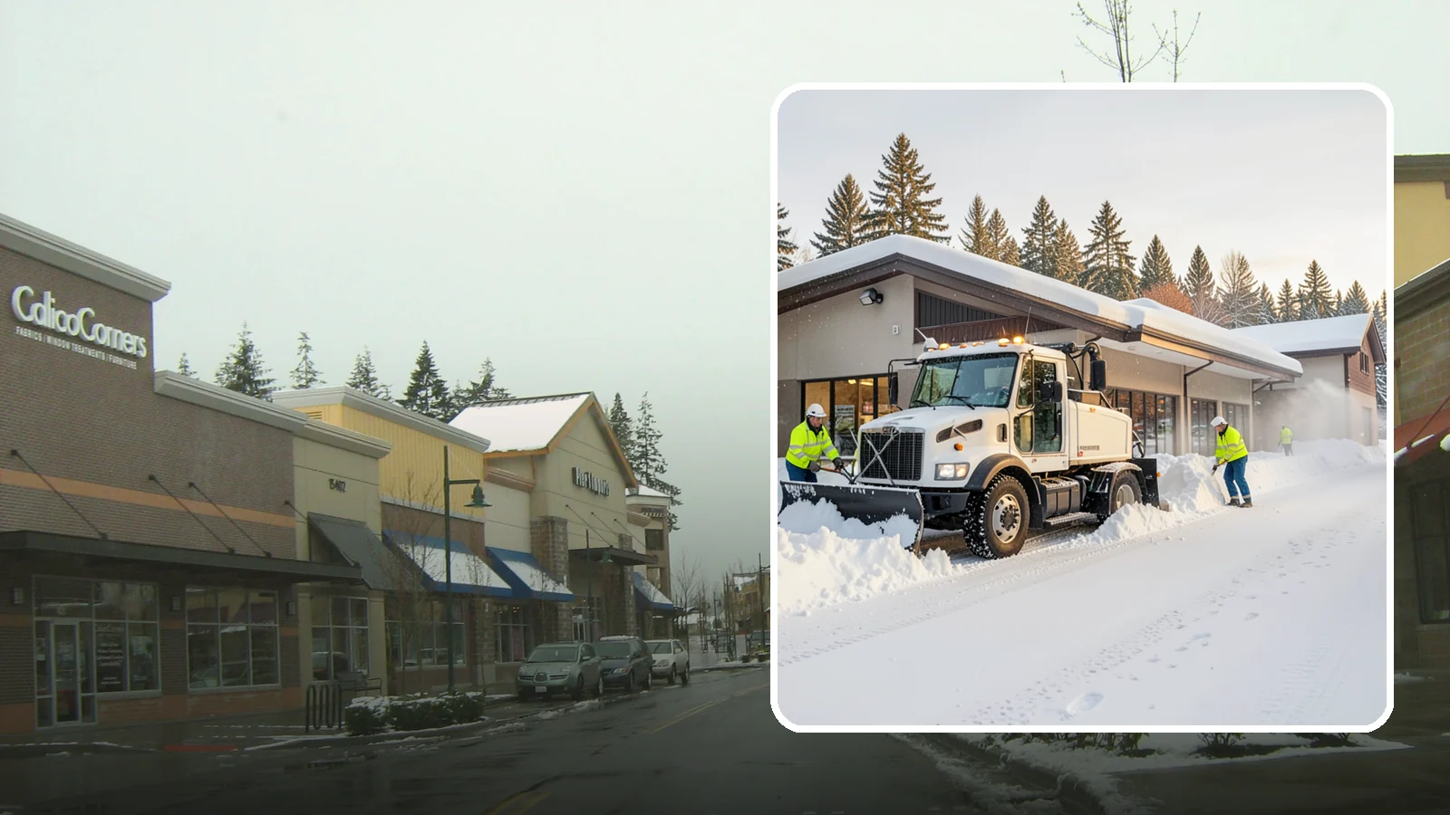 Retail Store Snow Plowing in Mill Creek, Snohomish County, WA - We plow retail storefronts and customer lots before open so shoppers reach your doors on safe, clear pavement.