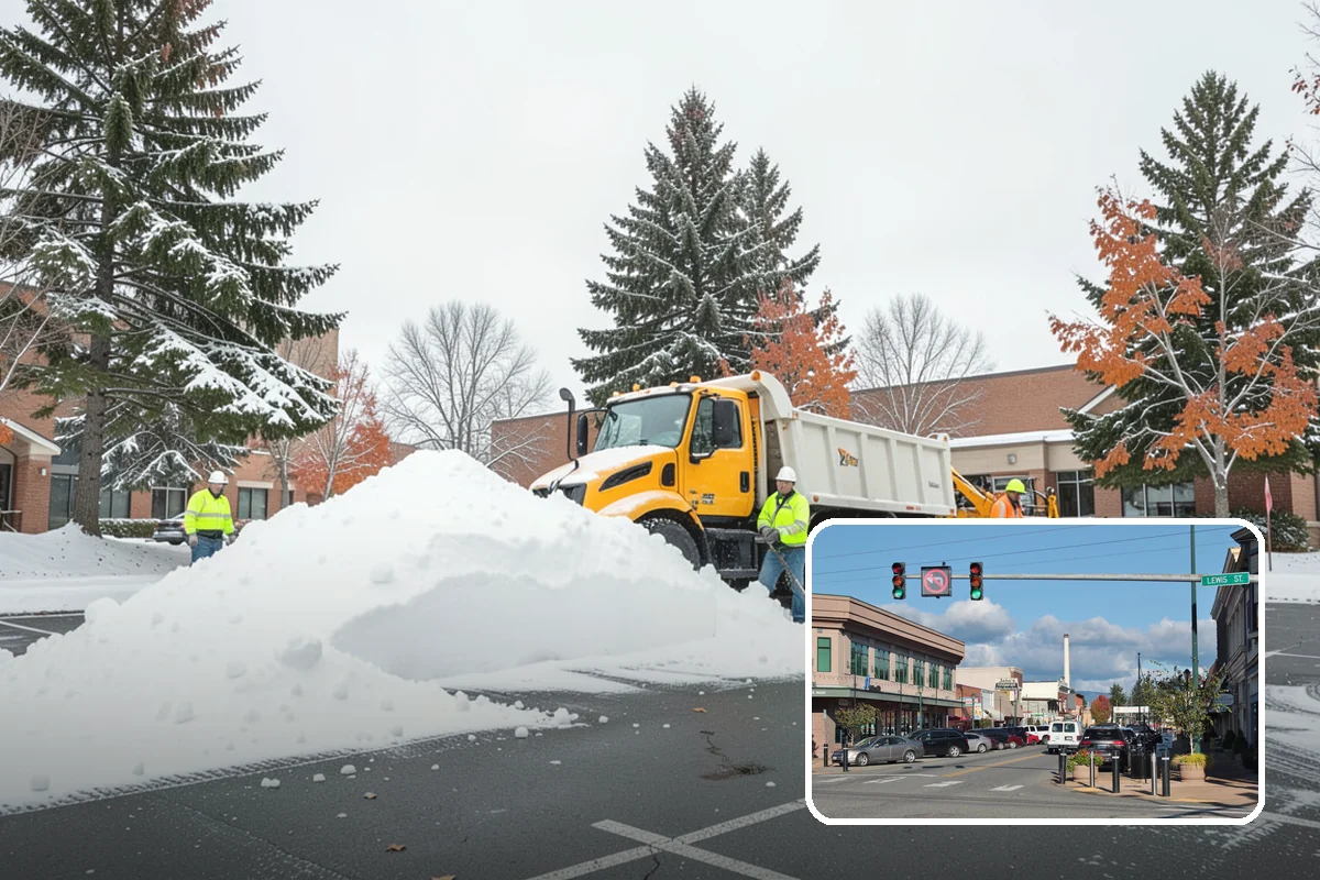 Retail Store Snow Plowing in Monroe, Snohomish County, WA - Customer lot and storefront cleared before your posted open