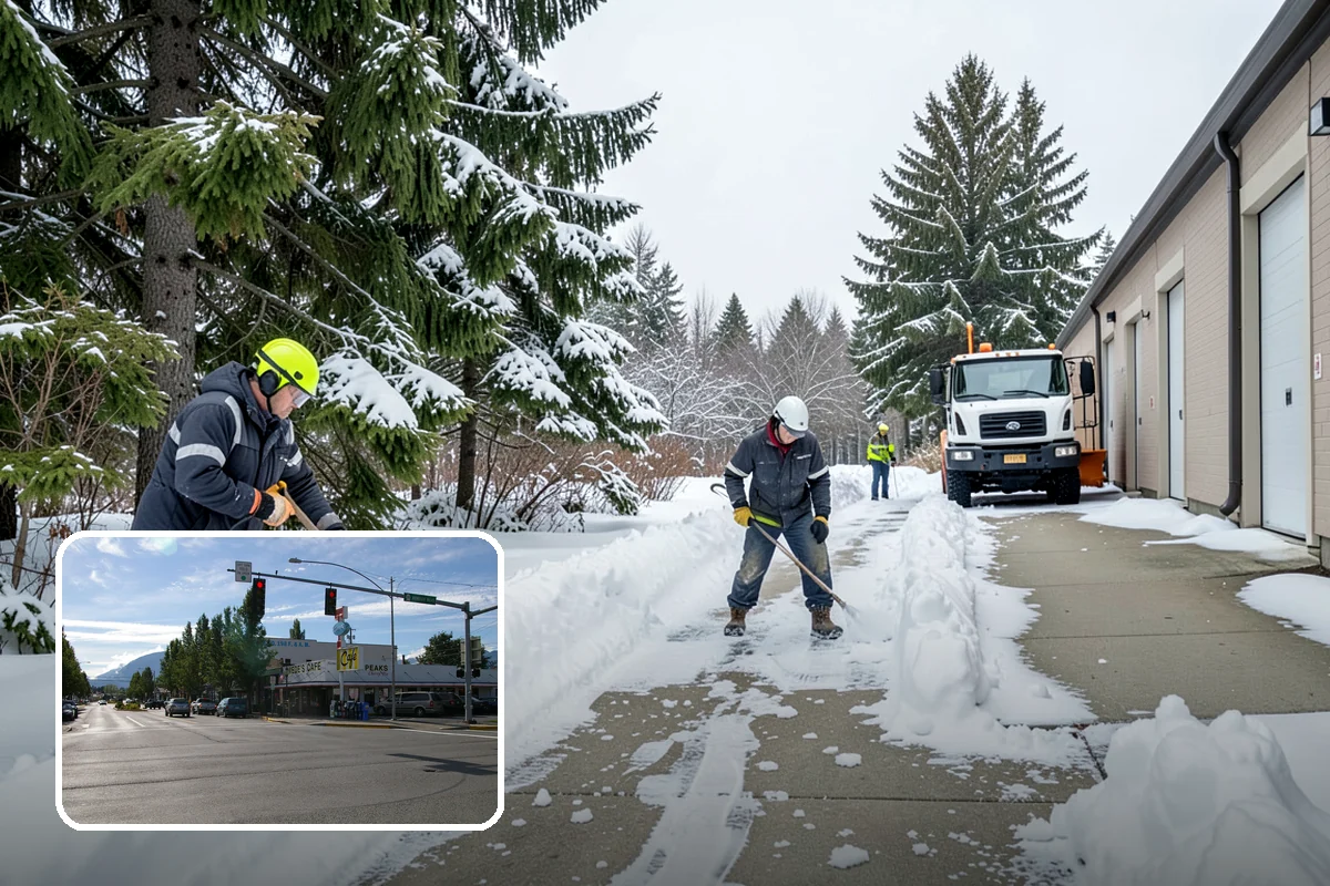 Retail Store Snow Plowing in North Bend, King County, WA - Customer lot and storefront cleared before your posted open
