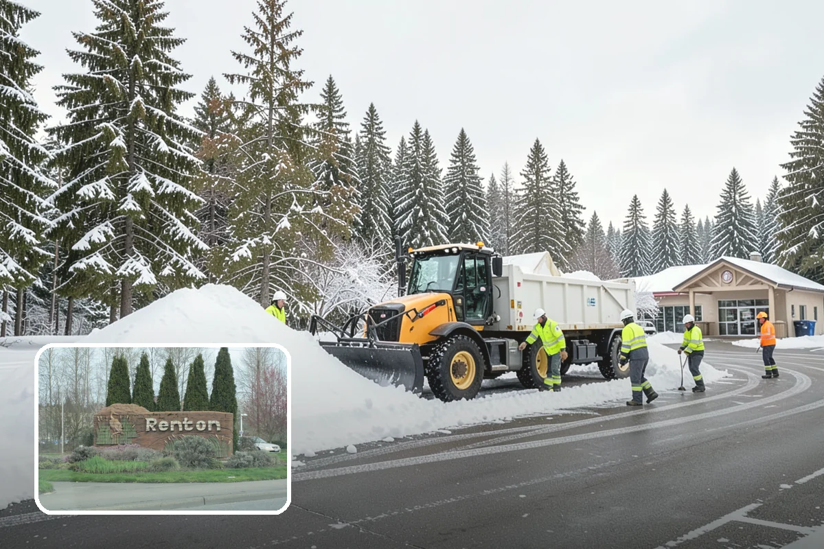 Retail Store Snow Plowing in Renton, King County, WA - Customer lot and storefront cleared before your posted open