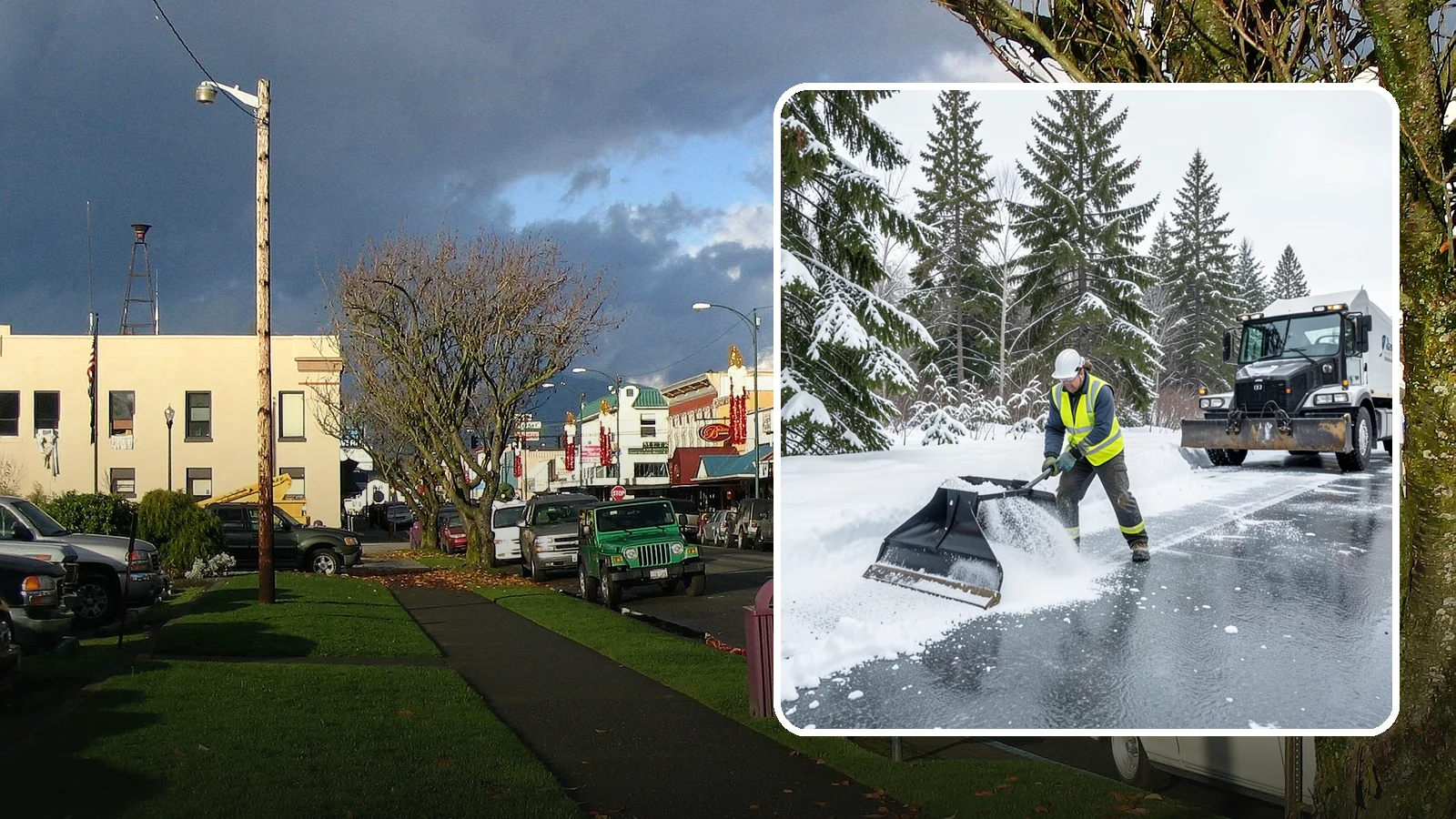Rock Salt Application in Arlington, Snohomish County, WA - Rock salt application melts existing ice and packed snow on Western Washington pavement once temperatures sit above the low 20s.