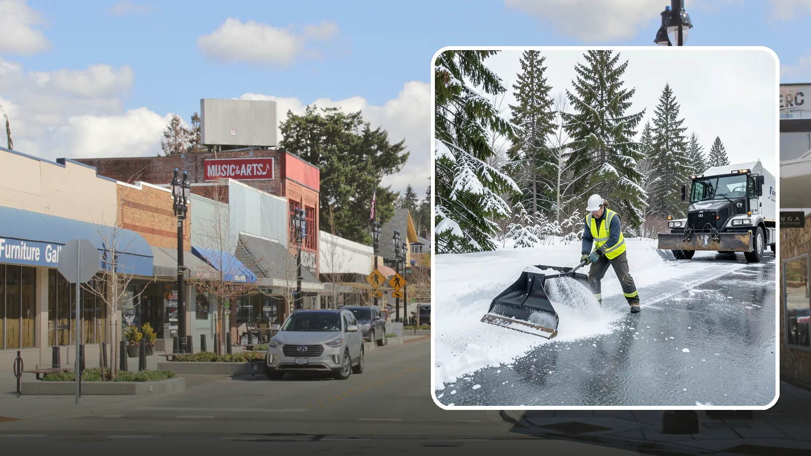 Rock Salt Application in Bothell, King County, WA - Rock salt application melts existing ice and packed snow on Western Washington pavement once temperatures sit above the low 20s.