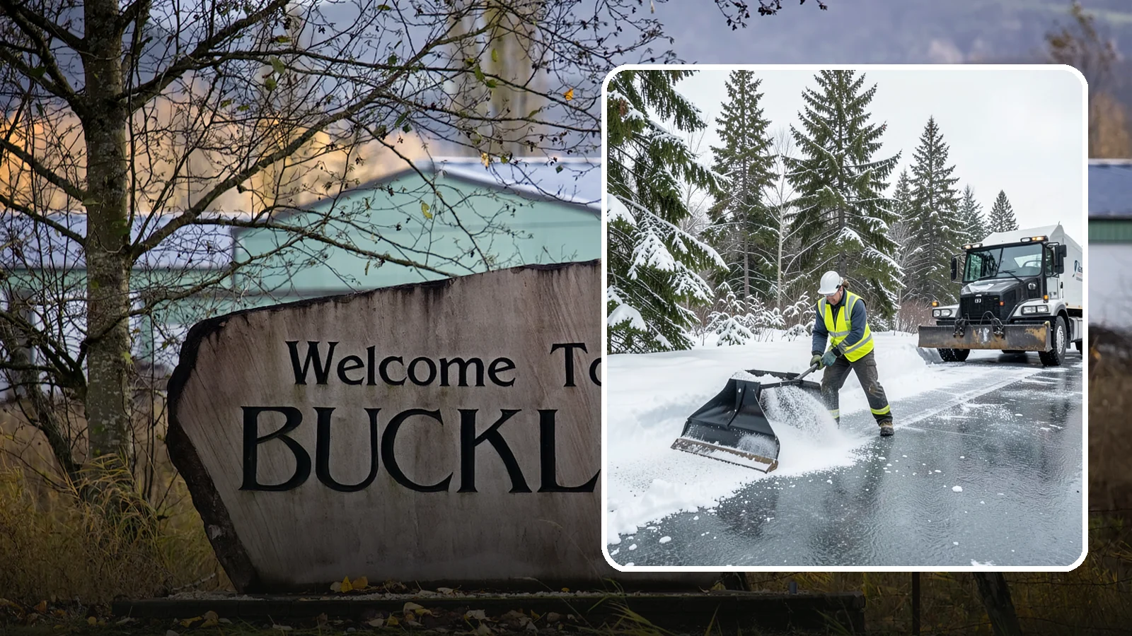 Rock Salt Application in Buckley, Pierce County, WA - Rock salt application melts existing ice and packed snow on Western Washington pavement once temperatures sit above the low 20s.