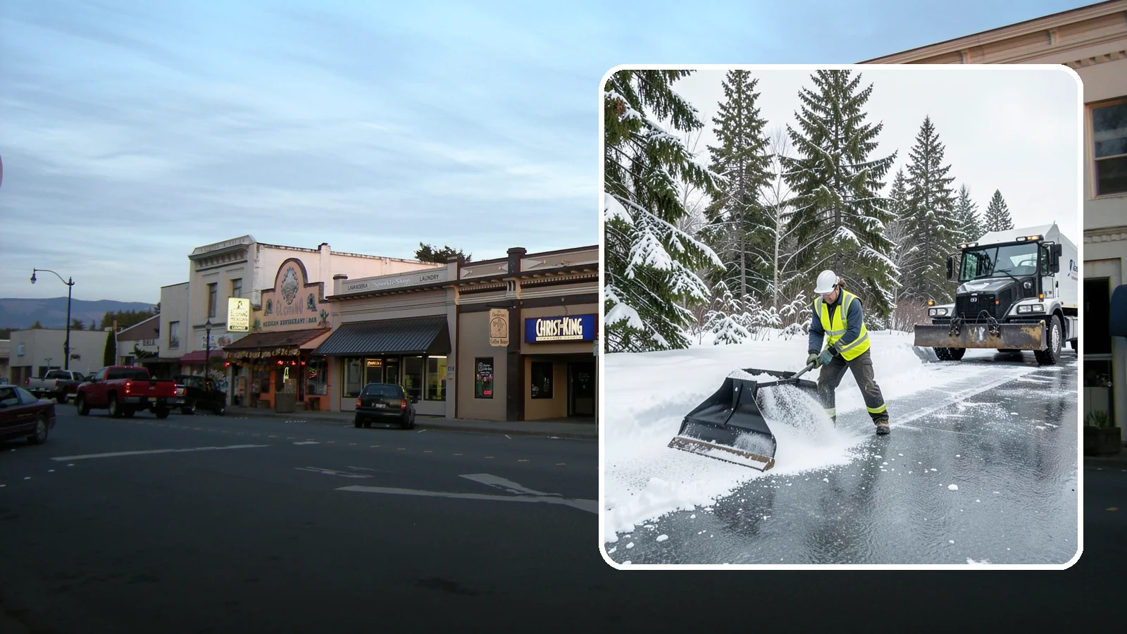 Rock Salt Application in Burlington, Skagit County, WA - Rock salt application melts existing ice and packed snow on Western Washington pavement once temperatures sit above the low 20s.
