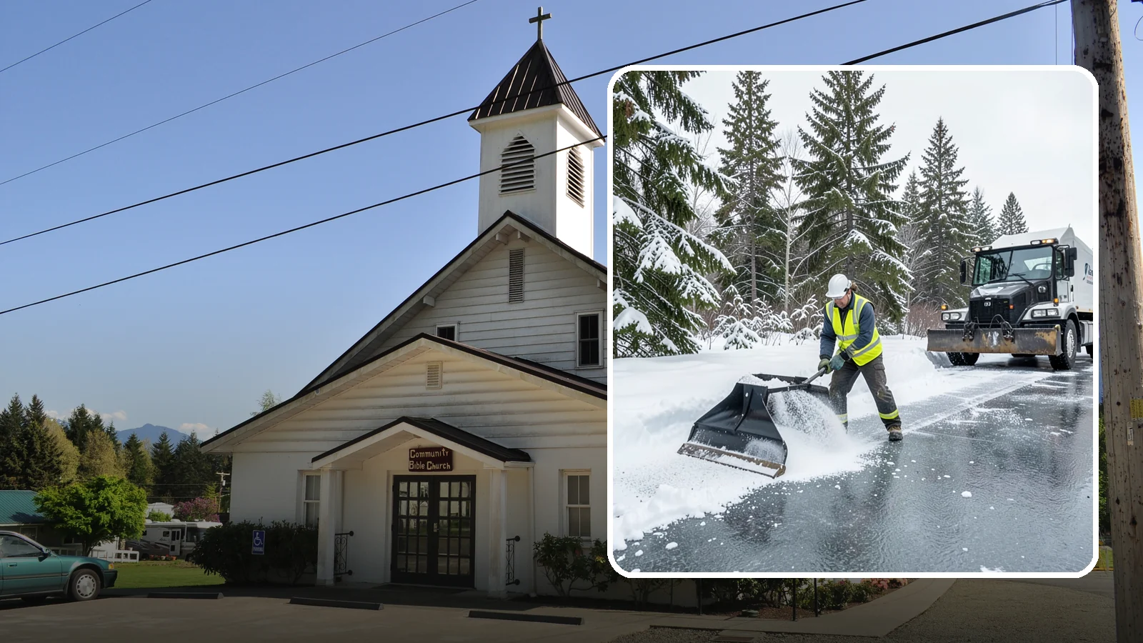 Rock Salt Application in Concrete, Skagit County, WA - Rock salt application melts existing ice and packed snow on Western Washington pavement once temperatures sit above the low 20s.